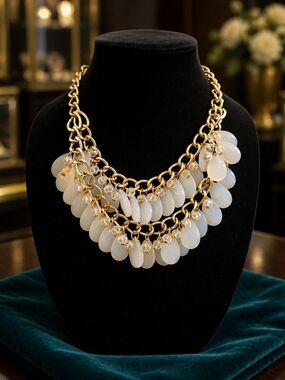 Gold-Tone Layered Necklace with White Opalescent Drops